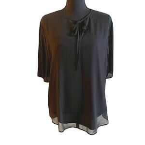 Ann Taylor women's blouse Large black S/L crinkle puffy sleeves relax fit lined